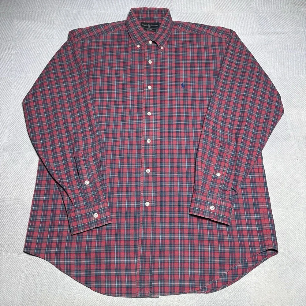 Ralph Lauren Blake Red Tartan Plaid Two-Ply Cotton Button Down Shirt Size Medium